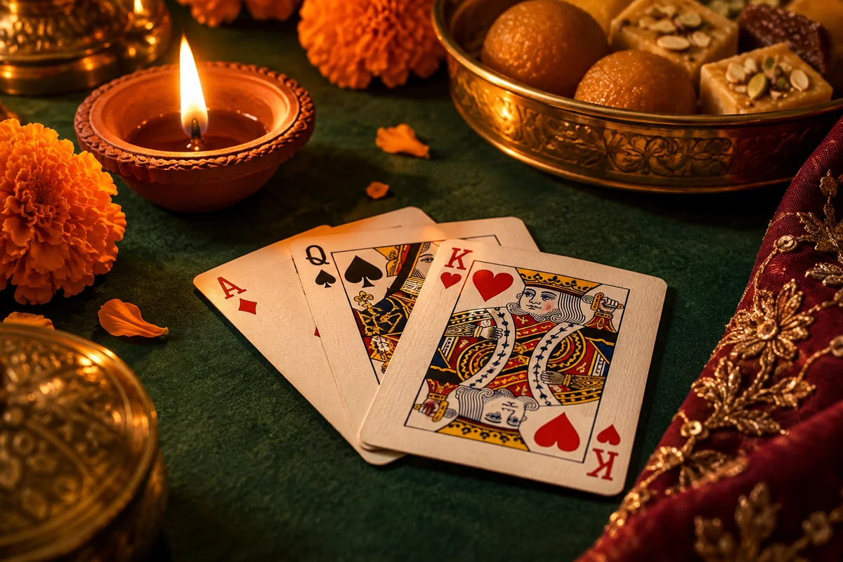 Three playing cards beside a lit diya, marigolds and Diwali sweets on a green card table